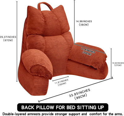 Large Reading Pillow with Arms, Adjustable Shredded Memory Foam Backrest for Bed, Bright Orange