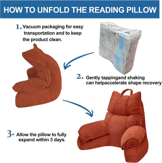 Large Reading Pillow with Arms, Adjustable Shredded Memory Foam Backrest for Bed, Bright Orange