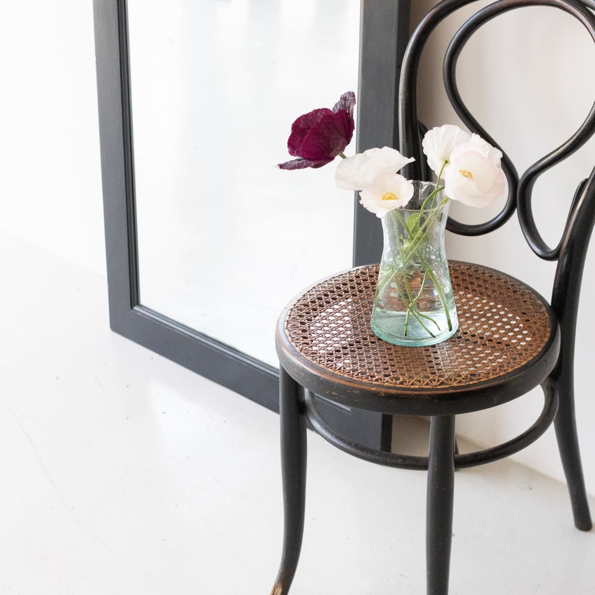 Vintage French Bistro Wall Mirror with Waxed Black Frame