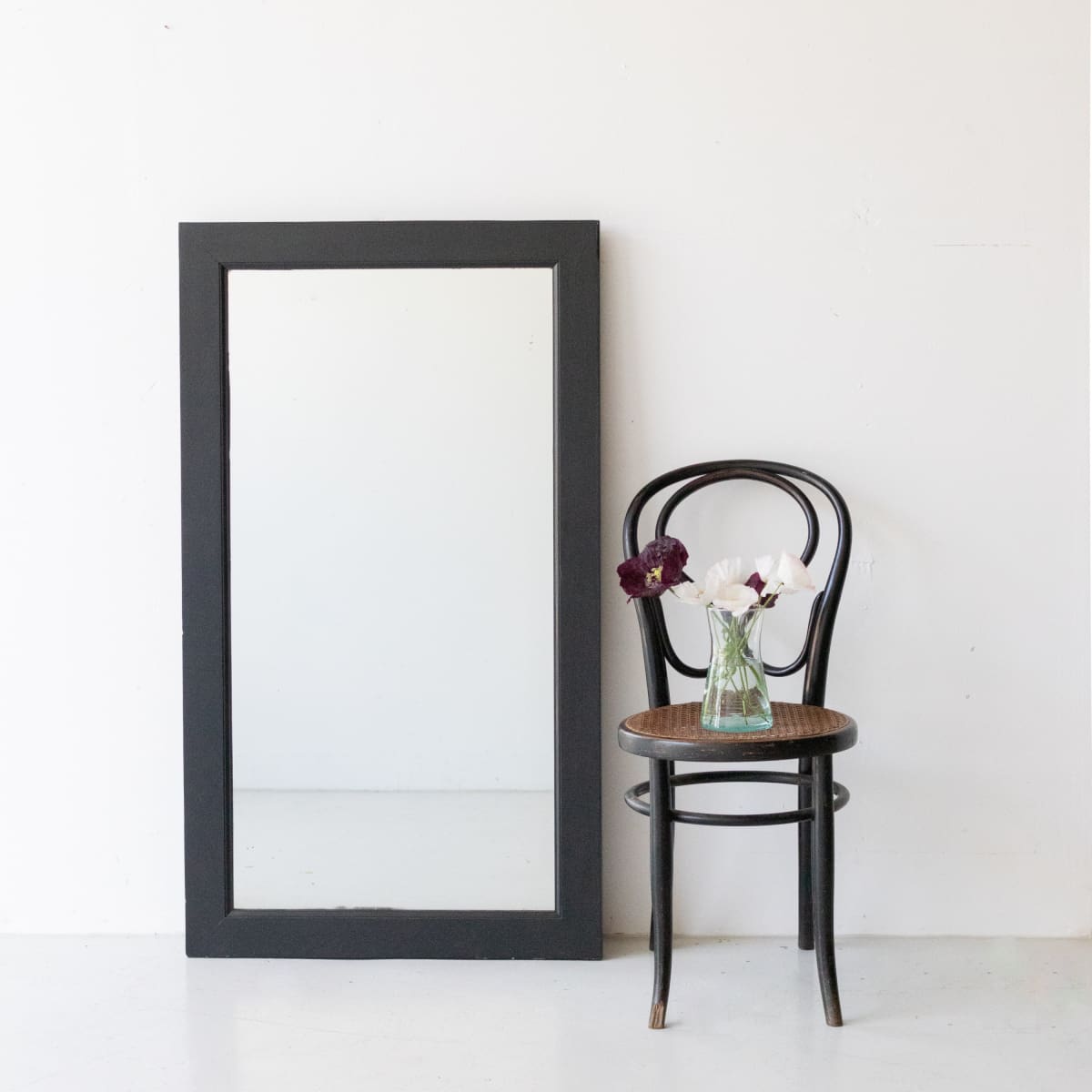 Vintage French Bistro Wall Mirror with Waxed Black Frame
